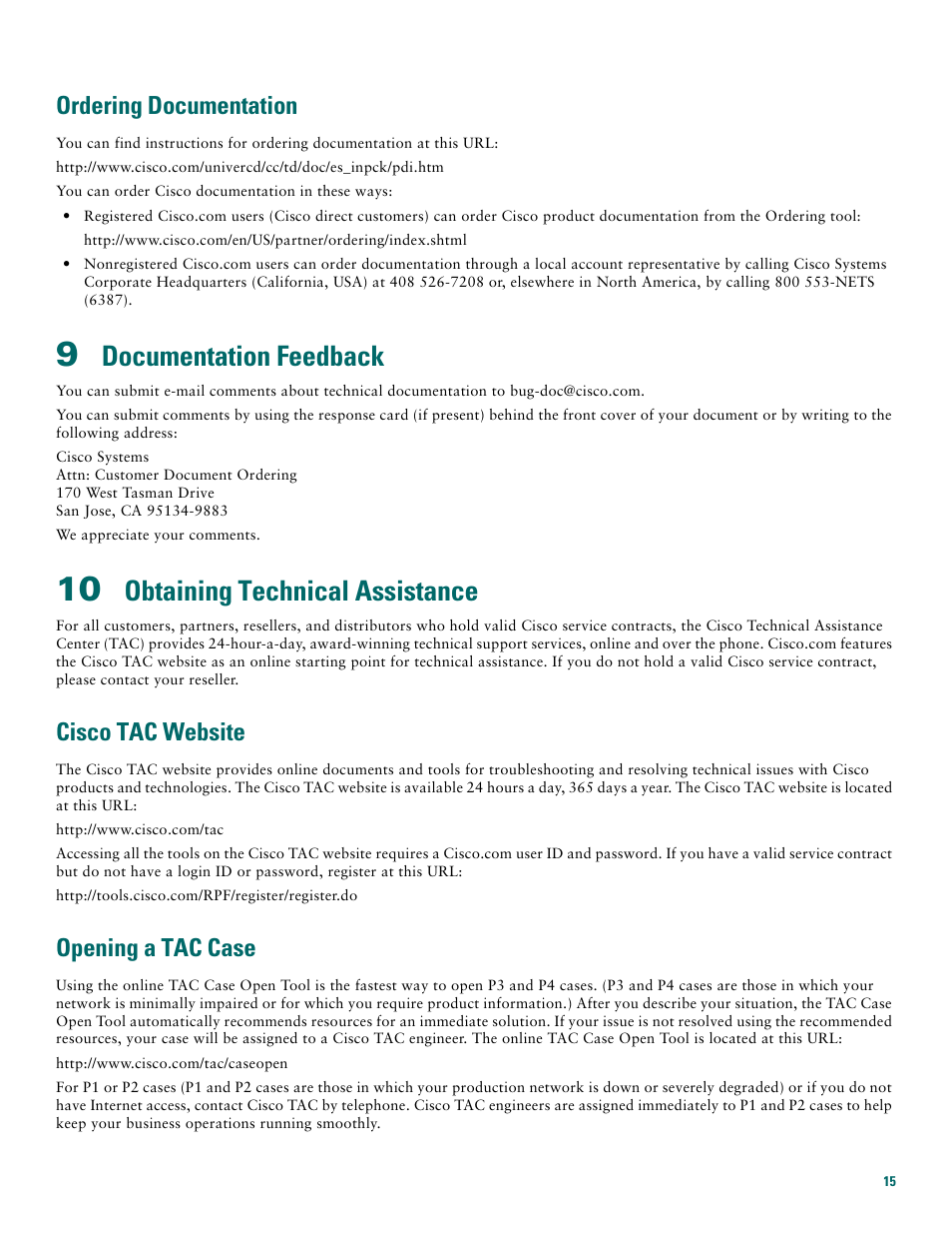 Ordering documentation, 9 documentation feedback, 10 obtaining technical assistance | Cisco tac website, Opening a tac case, Documentation feedback, Obtaining technical assistance | Cisco 3600 Series User Manual | Page 15 / 18
