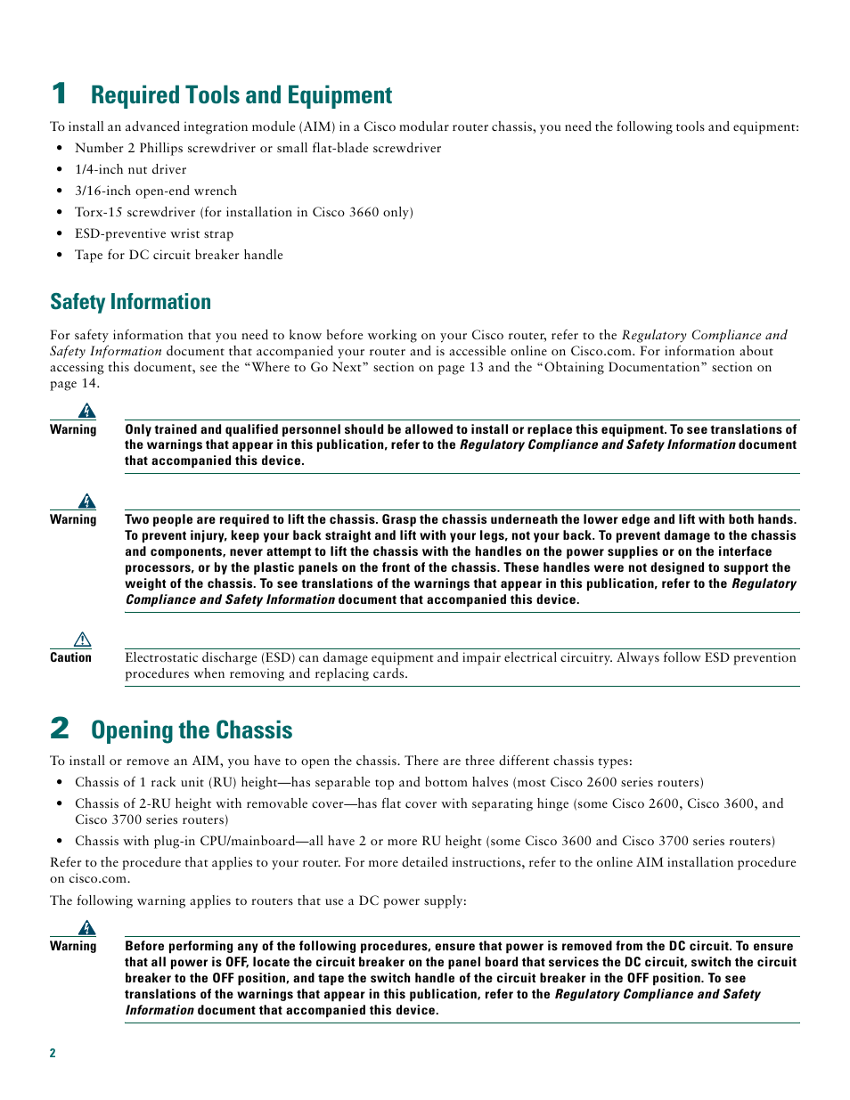 1 required tools and equipment, Safety information, 2 opening the chassis | Required tools and equipment, Opening the chassis | Cisco 3600 Series User Manual | Page 2 / 18