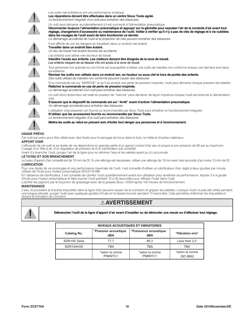 Avertissement | Sioux Tools SDR10AH User Manual | Page 10 / 27