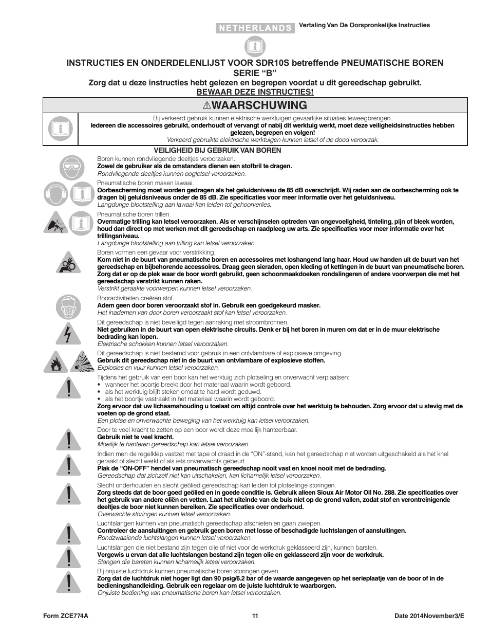 Waarschuwing | Sioux Tools SDR10AH User Manual | Page 11 / 27