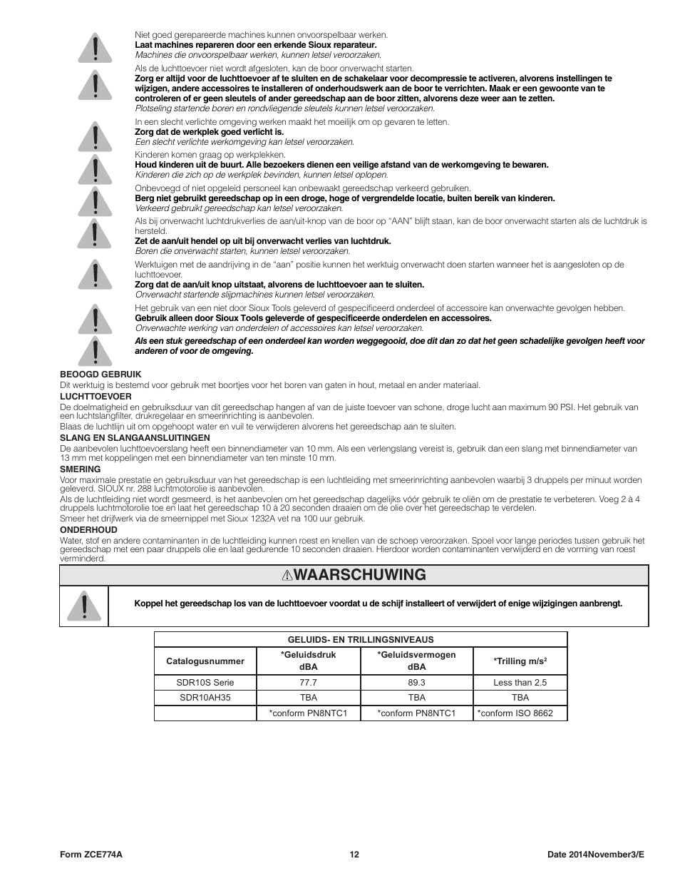 Waarschuwing | Sioux Tools SDR10AH User Manual | Page 12 / 27