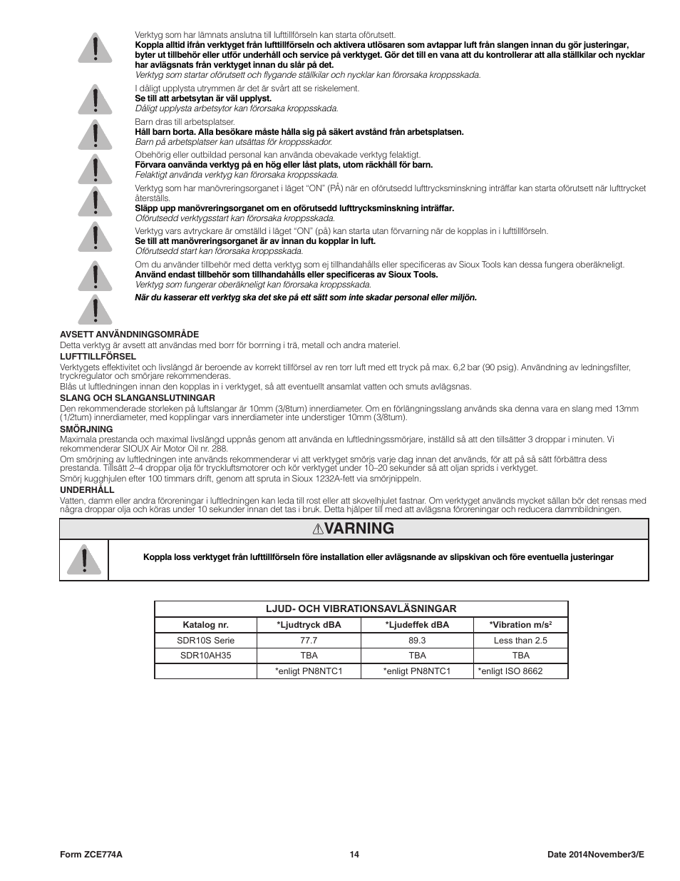 Varning | Sioux Tools SDR10AH User Manual | Page 14 / 27