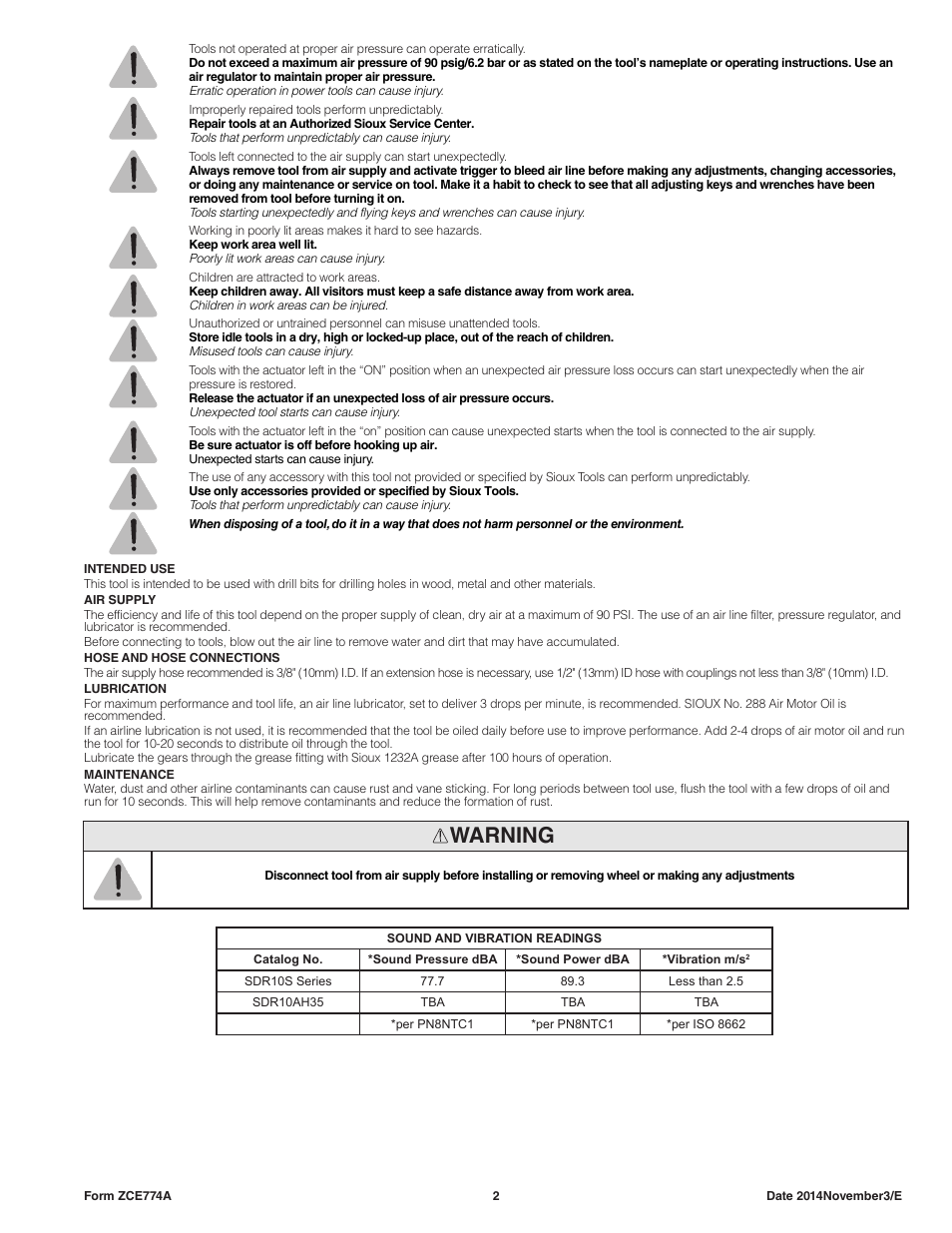 Warning | Sioux Tools SDR10AH User Manual | Page 2 / 27