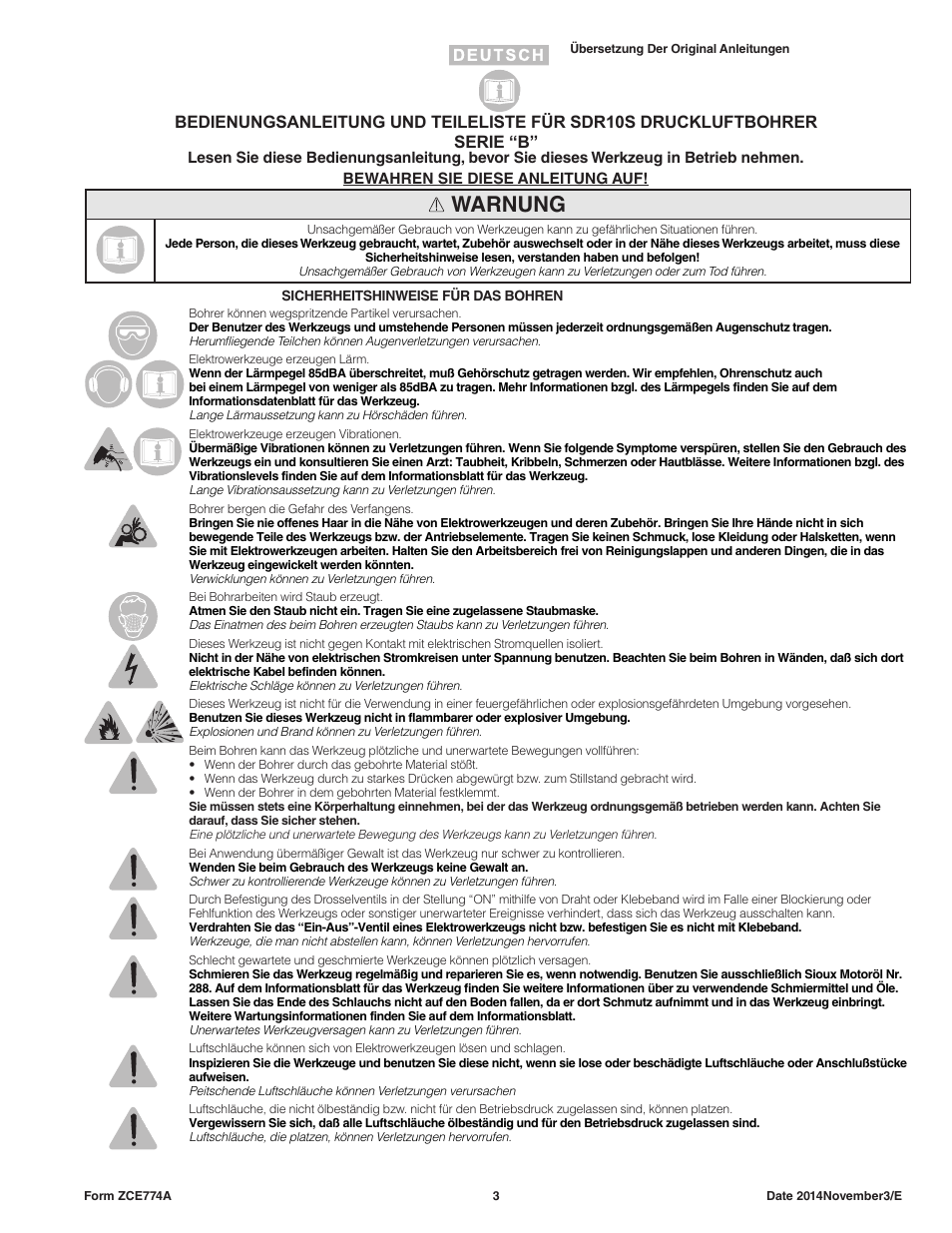 Warnung | Sioux Tools SDR10AH User Manual | Page 3 / 27