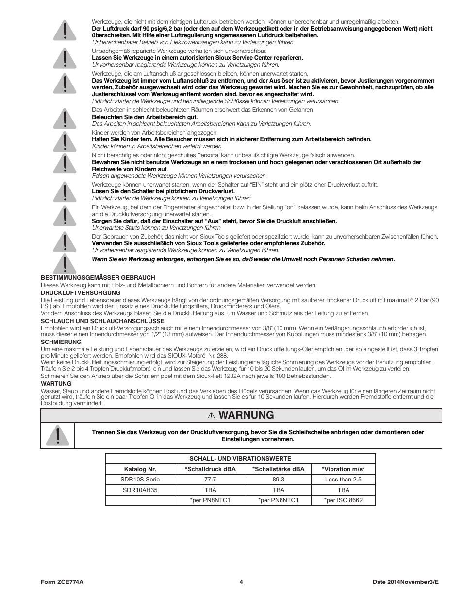 Warnung | Sioux Tools SDR10AH User Manual | Page 4 / 27