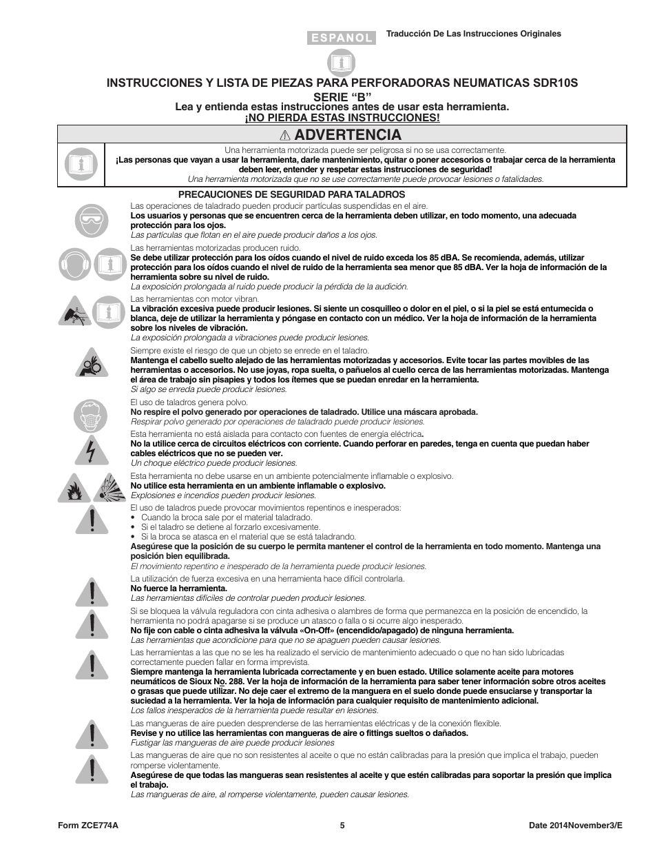 Advertencia | Sioux Tools SDR10AH User Manual | Page 5 / 27