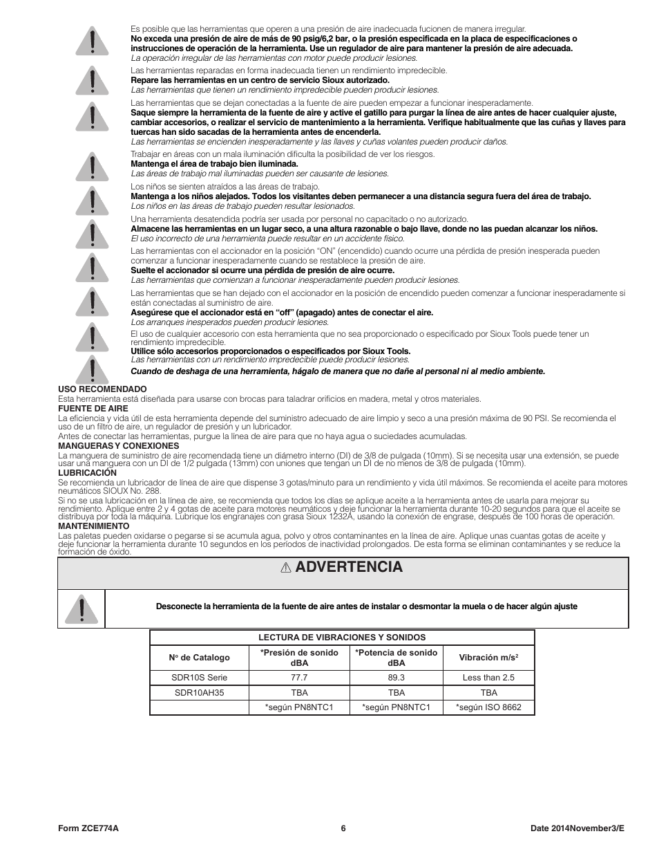 Advertencia | Sioux Tools SDR10AH User Manual | Page 6 / 27