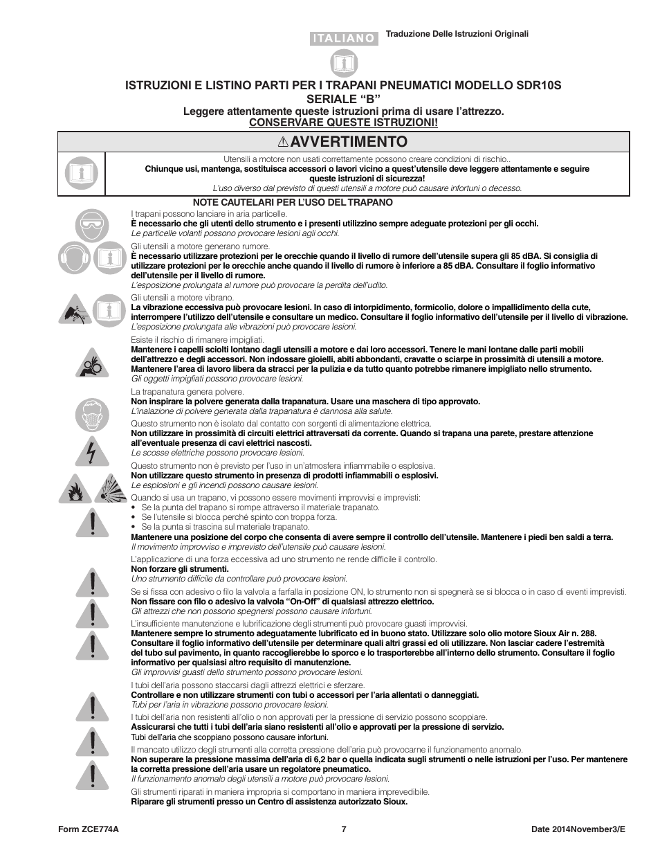 Avvertimento | Sioux Tools SDR10AH User Manual | Page 7 / 27