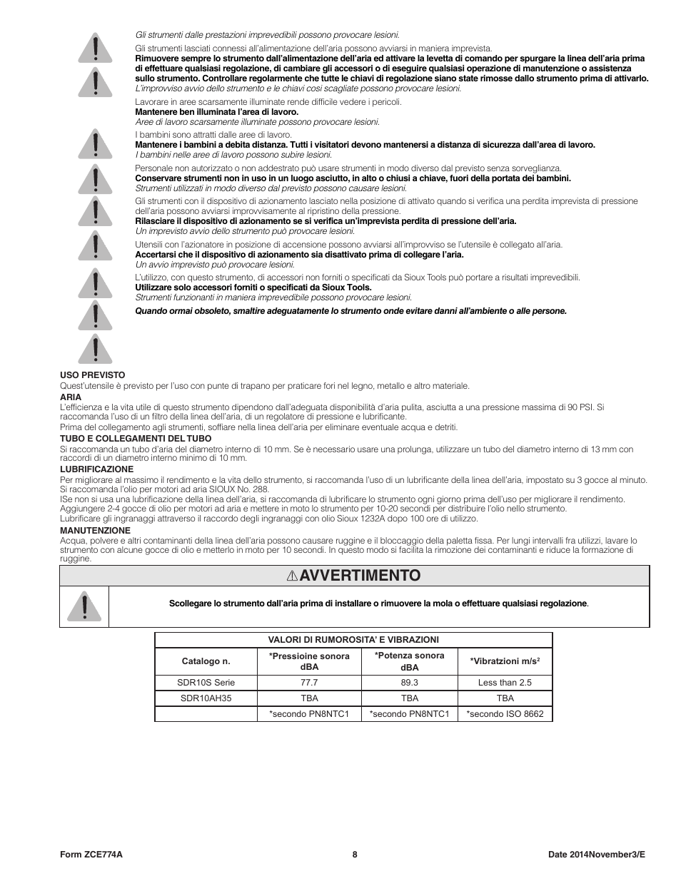 Avvertimento | Sioux Tools SDR10AH User Manual | Page 8 / 27