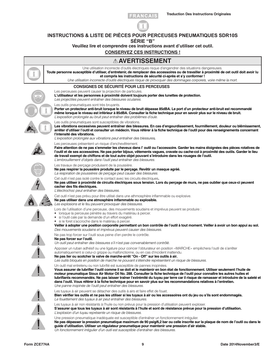 Avertissement | Sioux Tools SDR10AH User Manual | Page 9 / 27