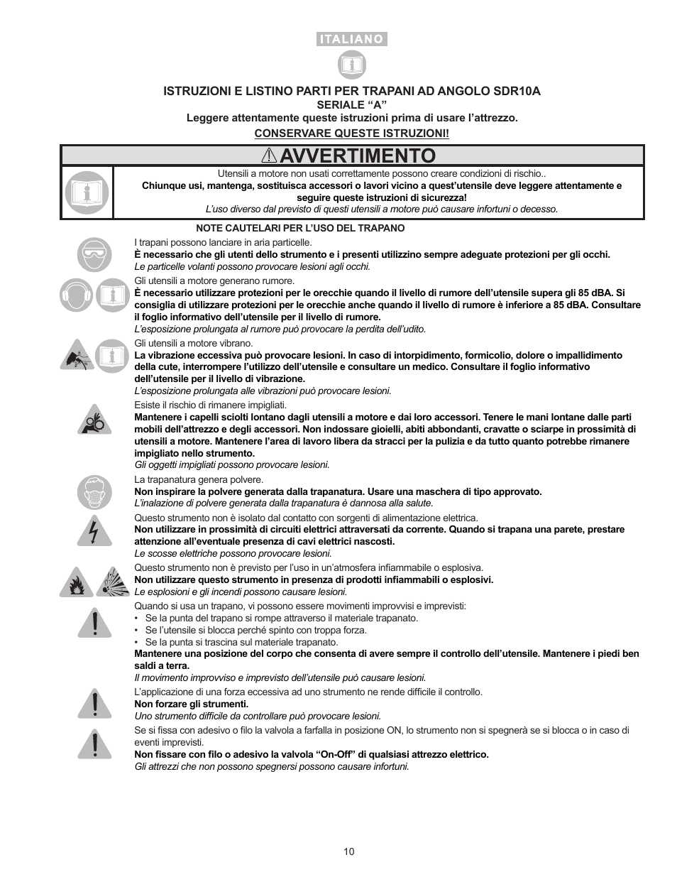Avvertimento | Sioux Tools SDR10A User Manual | Page 10 / 27