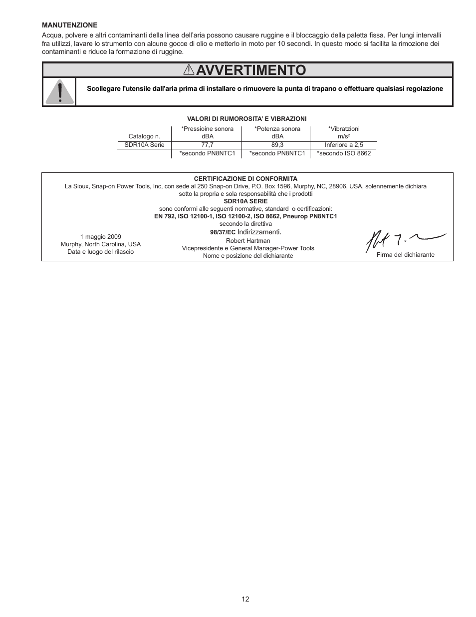 Avvertimento | Sioux Tools SDR10A User Manual | Page 12 / 27