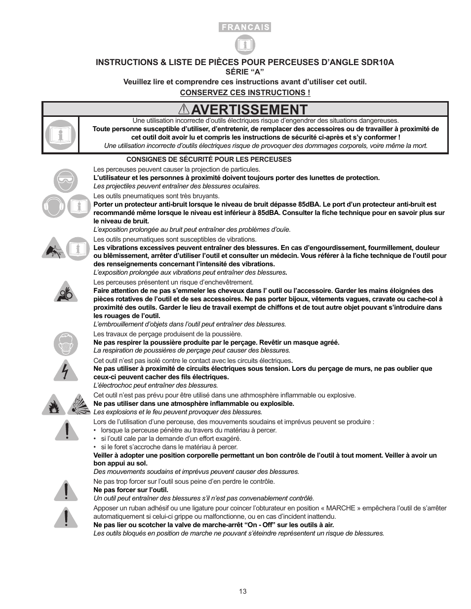 Avertissement | Sioux Tools SDR10A User Manual | Page 13 / 27