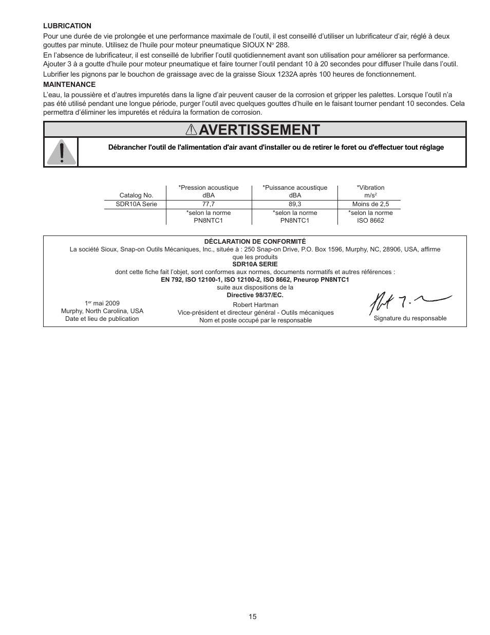 Avertissement | Sioux Tools SDR10A User Manual | Page 15 / 27