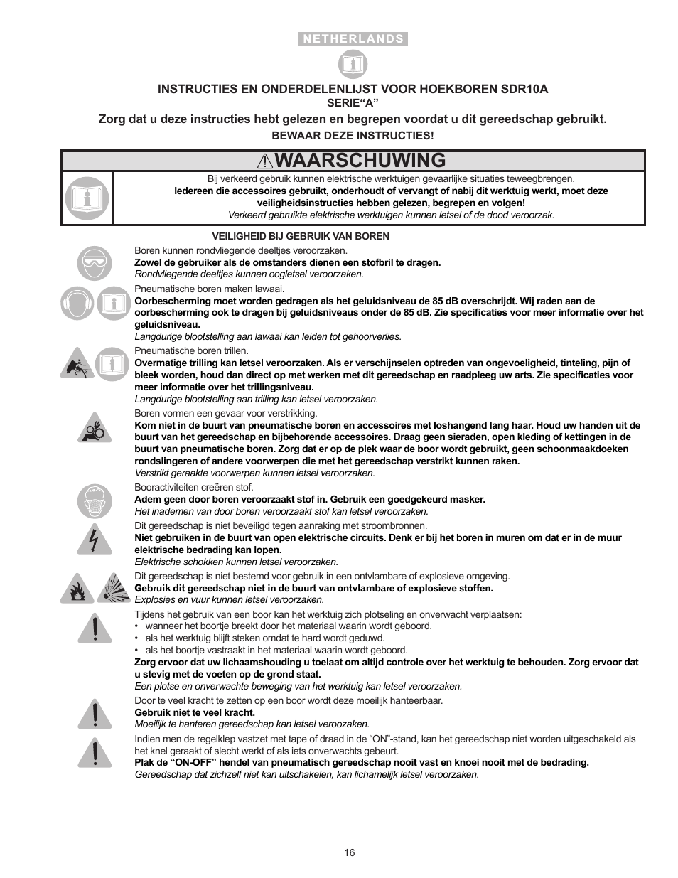 Waarschuwing | Sioux Tools SDR10A User Manual | Page 16 / 27