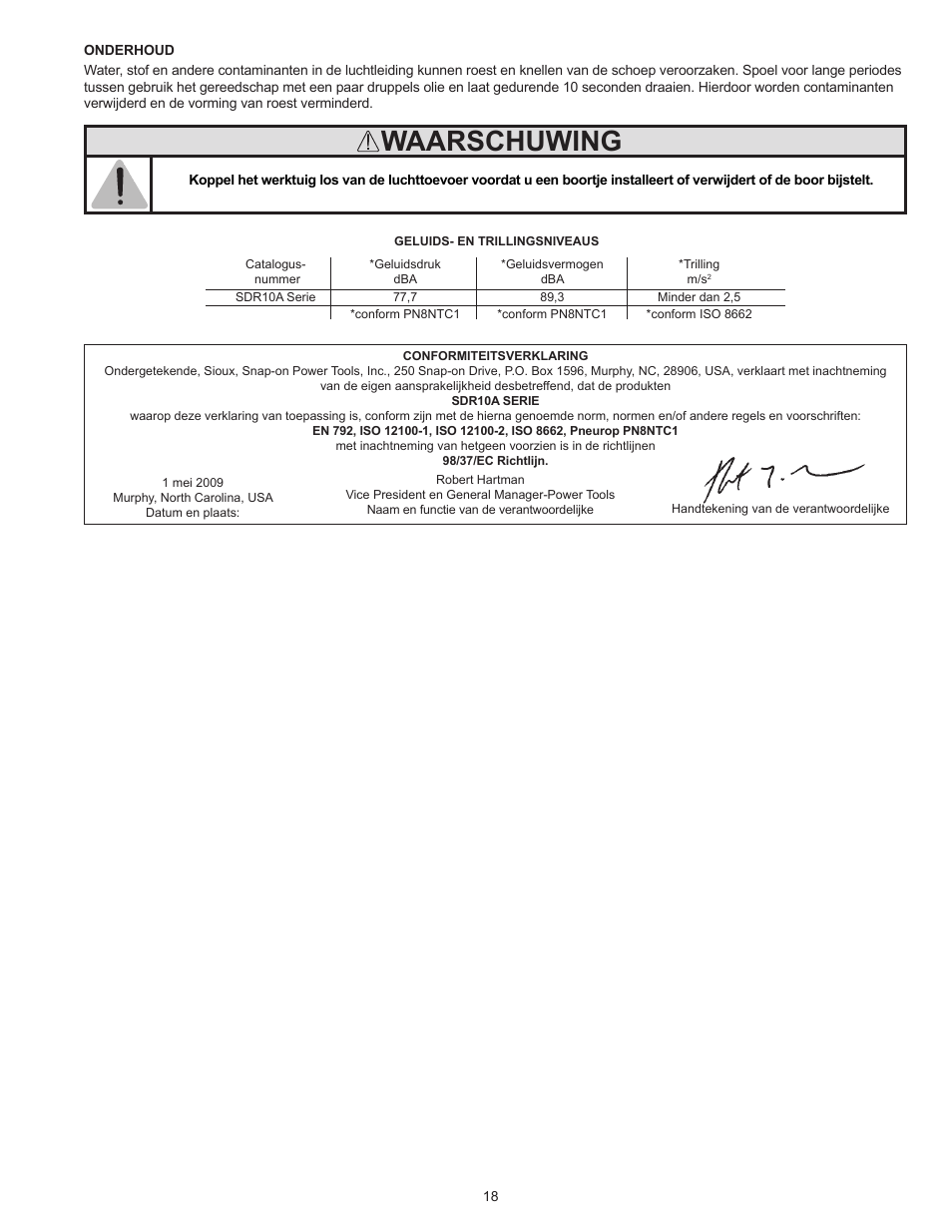 Waarschuwing | Sioux Tools SDR10A User Manual | Page 18 / 27