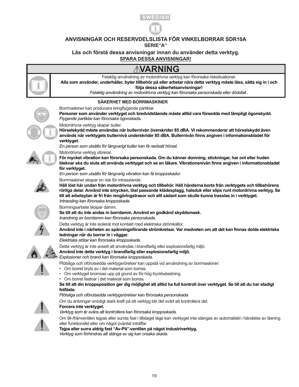Varning | Sioux Tools SDR10A User Manual | Page 19 / 27