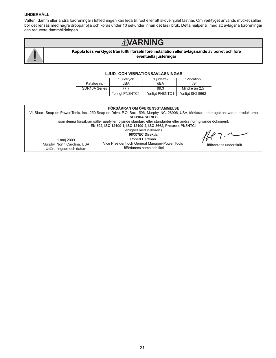 Varning | Sioux Tools SDR10A User Manual | Page 21 / 27