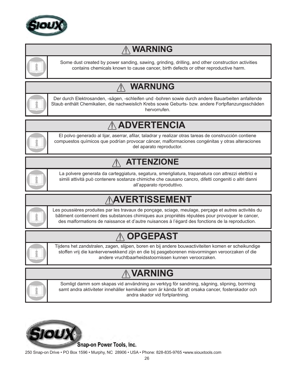 Advertencia, Avertissement, Opgepast | Varning, Warnung, Attenzione, Warning | Sioux Tools SDR10A User Manual | Page 26 / 27