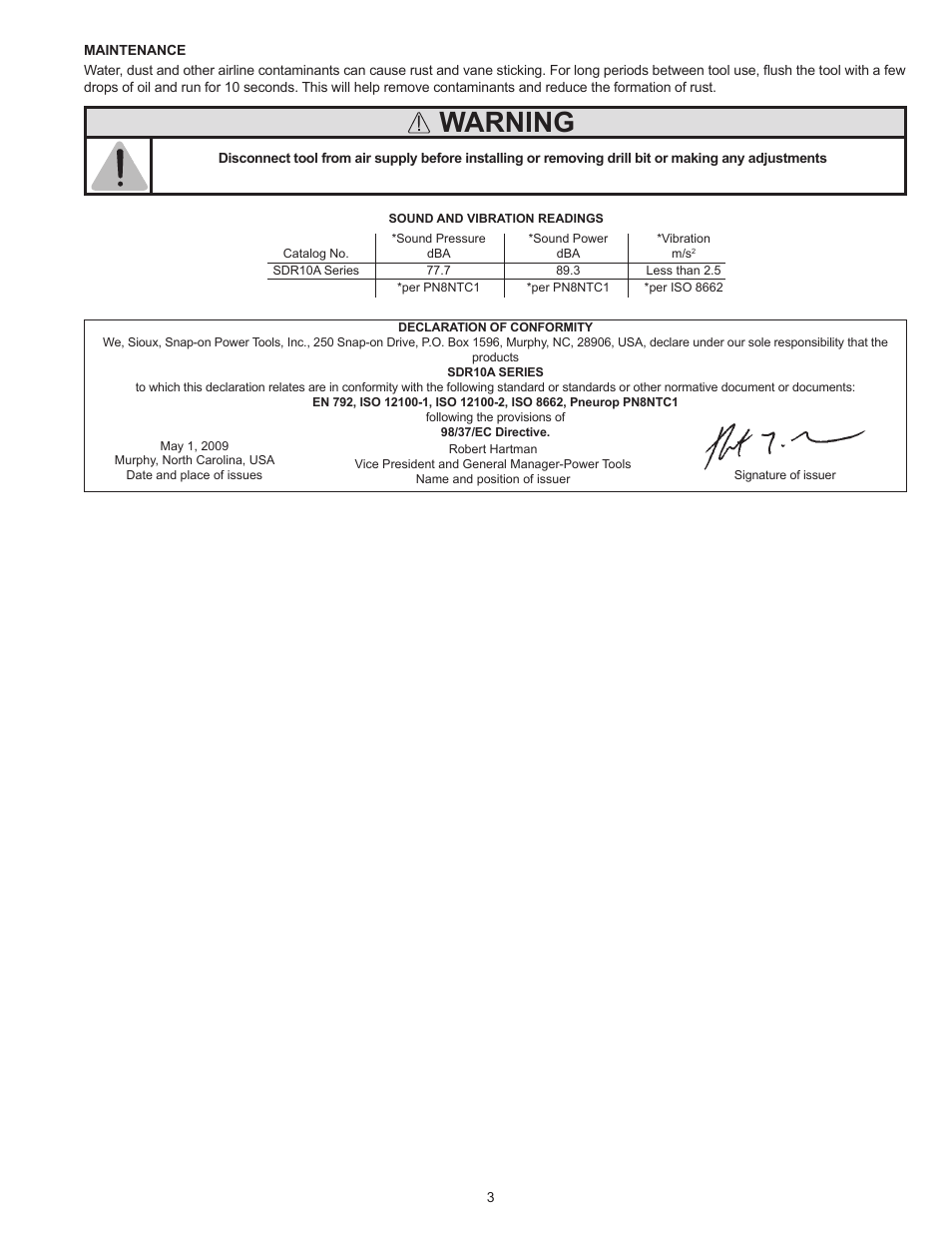 Warning | Sioux Tools SDR10A User Manual | Page 3 / 27