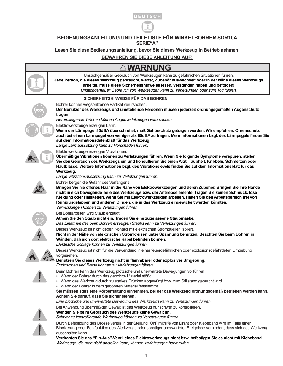 Warnung | Sioux Tools SDR10A User Manual | Page 4 / 27