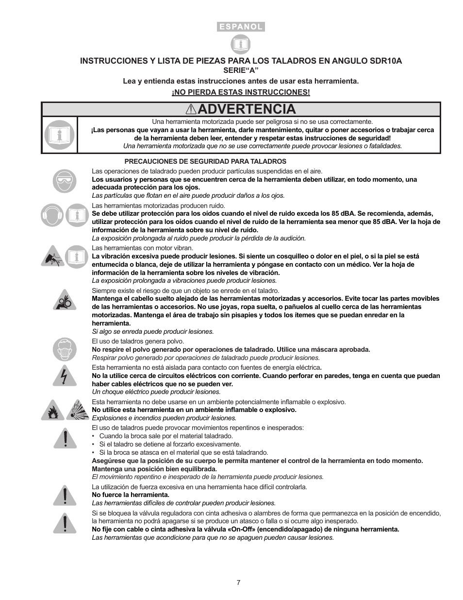 Advertencia | Sioux Tools SDR10A User Manual | Page 7 / 27