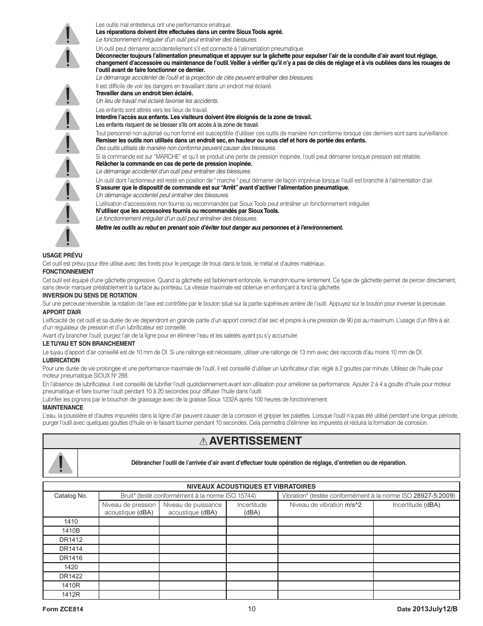 Avertissement | Sioux Tools SIOUX COMPACT DRILLS User Manual | Page 10 / 22