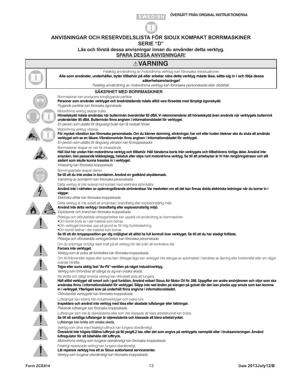 Varning | Sioux Tools SIOUX COMPACT DRILLS User Manual | Page 13 / 22