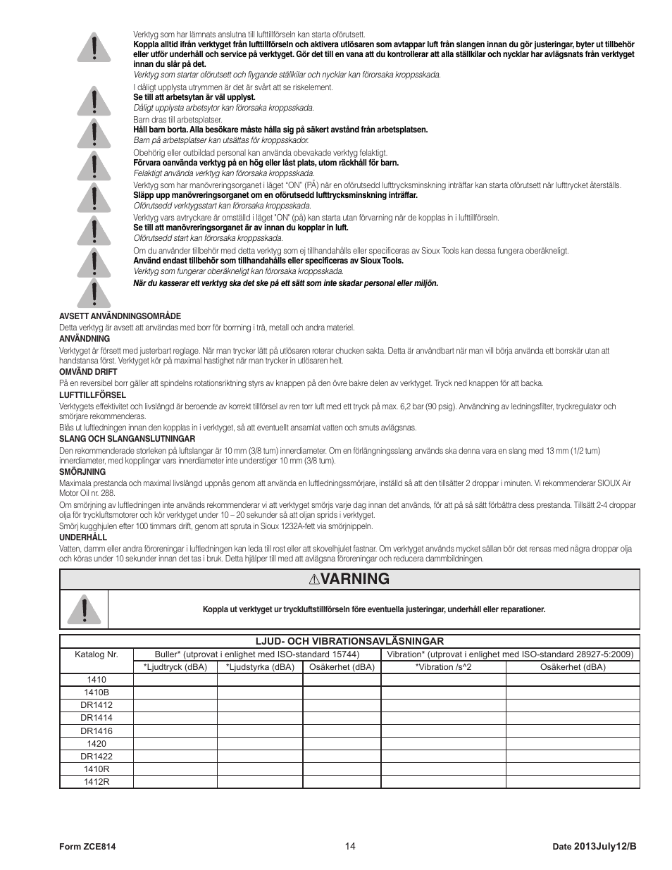 Varning | Sioux Tools SIOUX COMPACT DRILLS User Manual | Page 14 / 22