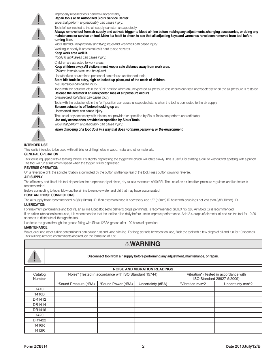 Warning | Sioux Tools SIOUX COMPACT DRILLS User Manual | Page 2 / 22