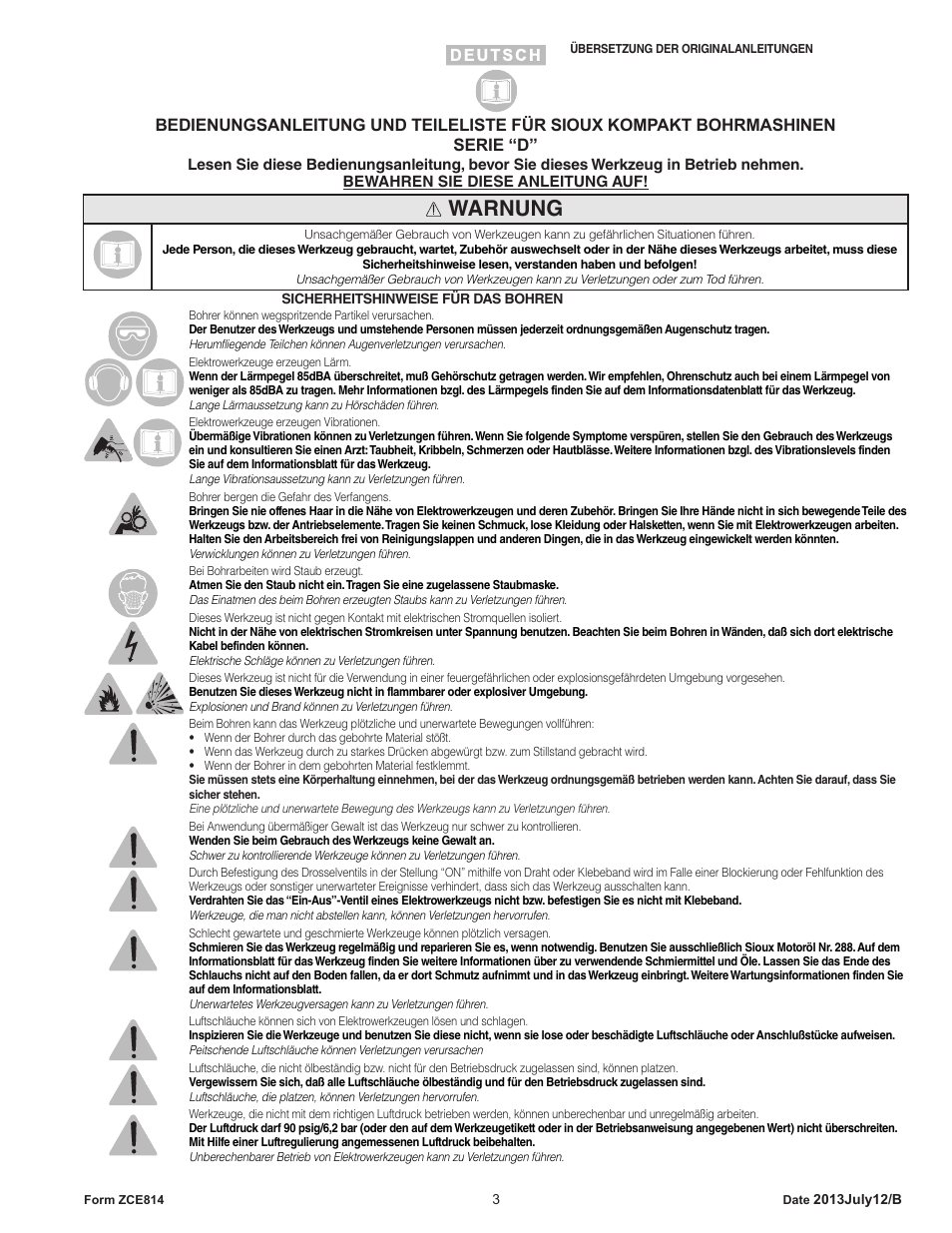 Warnung | Sioux Tools SIOUX COMPACT DRILLS User Manual | Page 3 / 22