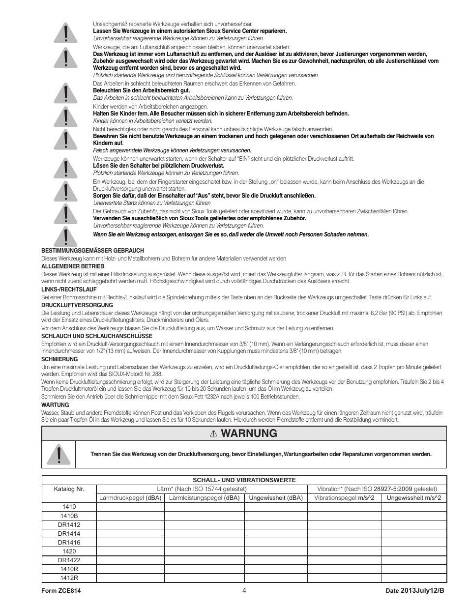 Warnung | Sioux Tools SIOUX COMPACT DRILLS User Manual | Page 4 / 22