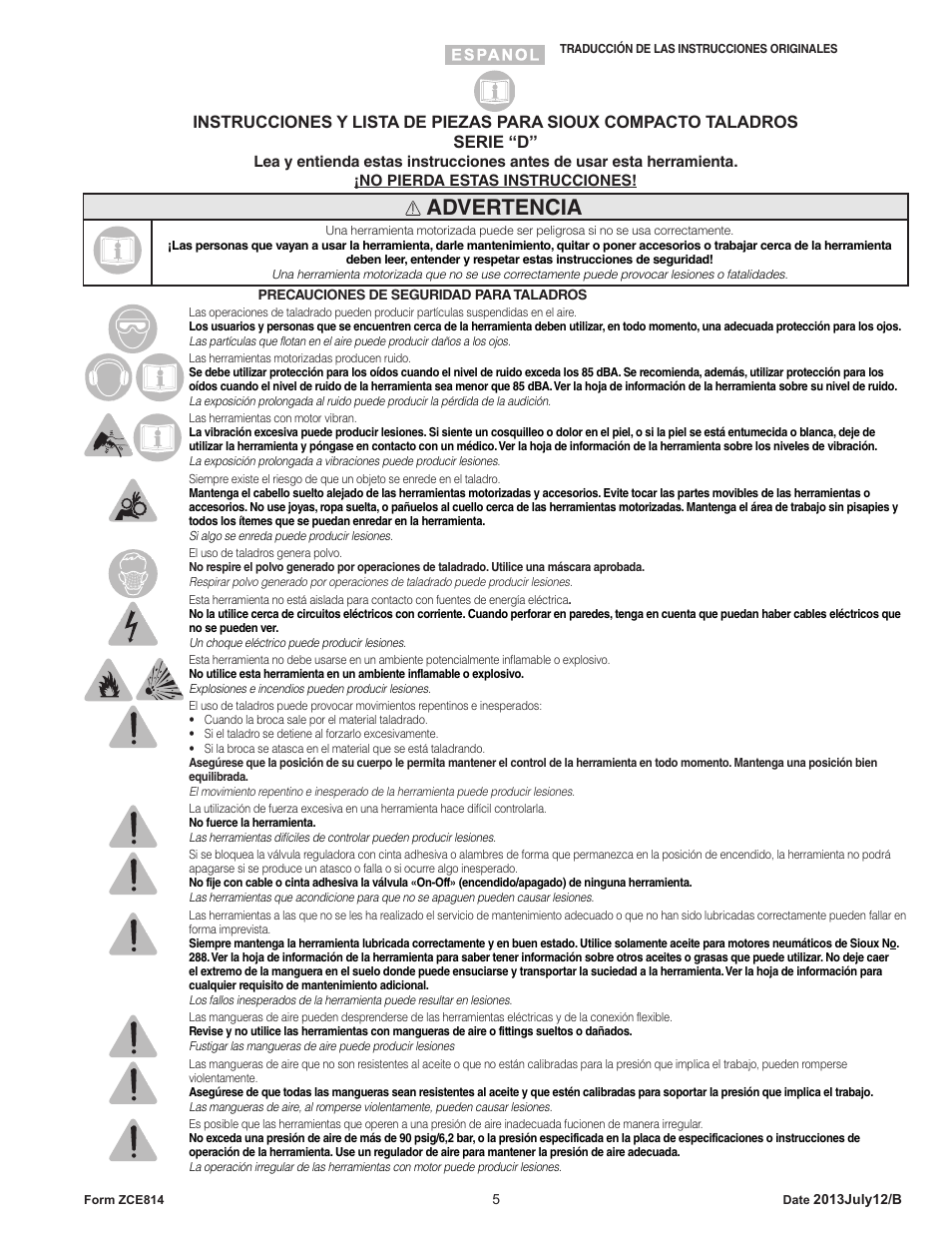 Advertencia | Sioux Tools SIOUX COMPACT DRILLS User Manual | Page 5 / 22