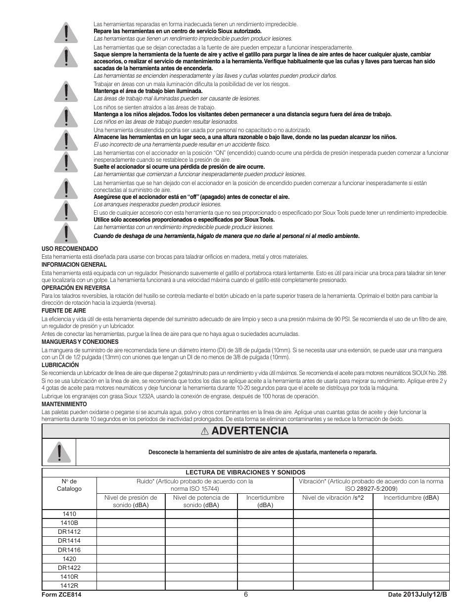 Advertencia | Sioux Tools SIOUX COMPACT DRILLS User Manual | Page 6 / 22