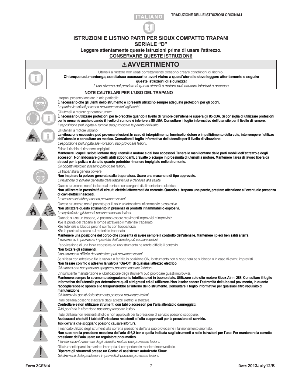 Avvertimento | Sioux Tools SIOUX COMPACT DRILLS User Manual | Page 7 / 22
