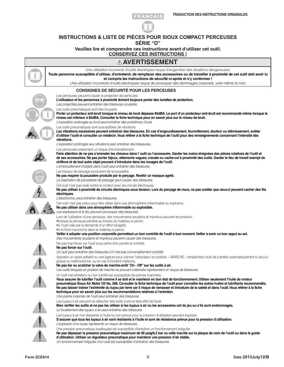 Avertissement | Sioux Tools SIOUX COMPACT DRILLS User Manual | Page 9 / 22