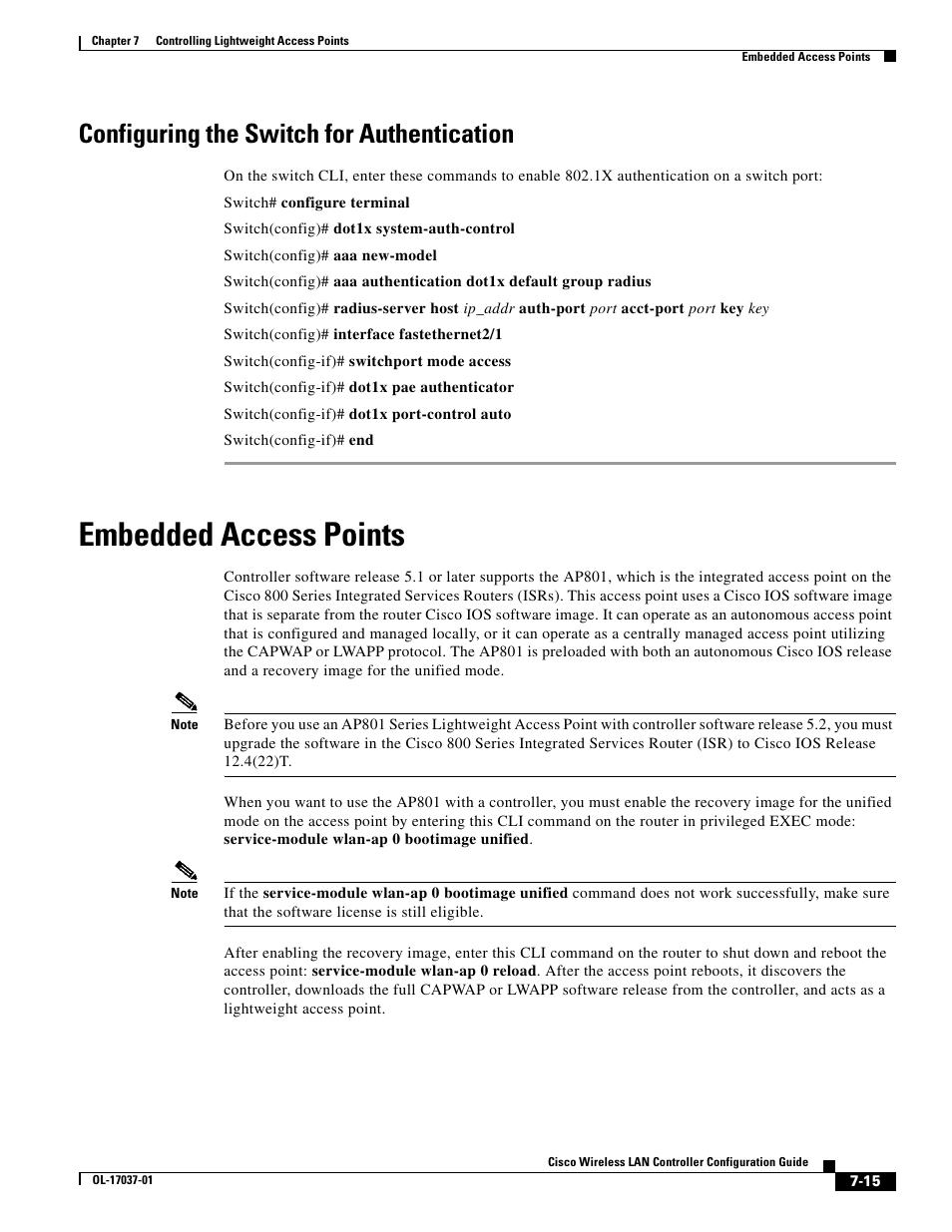 Configuring the switch for authentication, Embedded access points | Cisco WIRELESS LAN CONTROLLER OL-17037-01 User Manual | Page 15 / 80