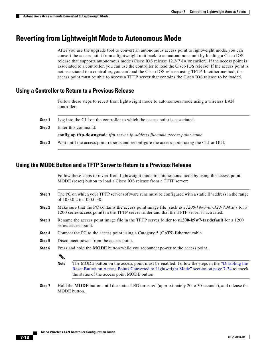 Reverting from lightweight mode to autonomous mode, Using a controller to return to a previous release | Cisco WIRELESS LAN CONTROLLER OL-17037-01 User Manual | Page 18 / 80