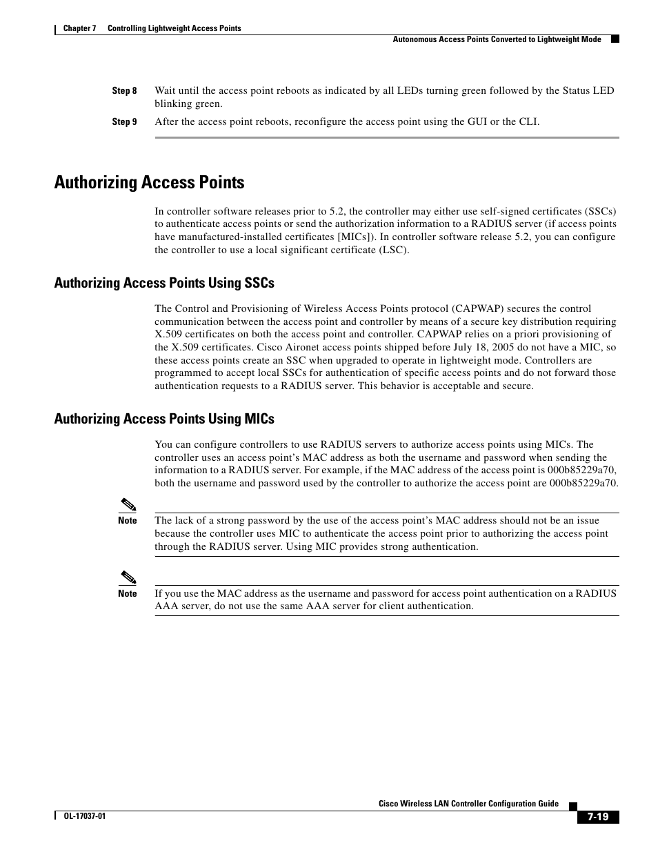 Authorizing access points, Authorizing access points using sscs, Authorizing access points using mics | Cisco WIRELESS LAN CONTROLLER OL-17037-01 User Manual | Page 19 / 80