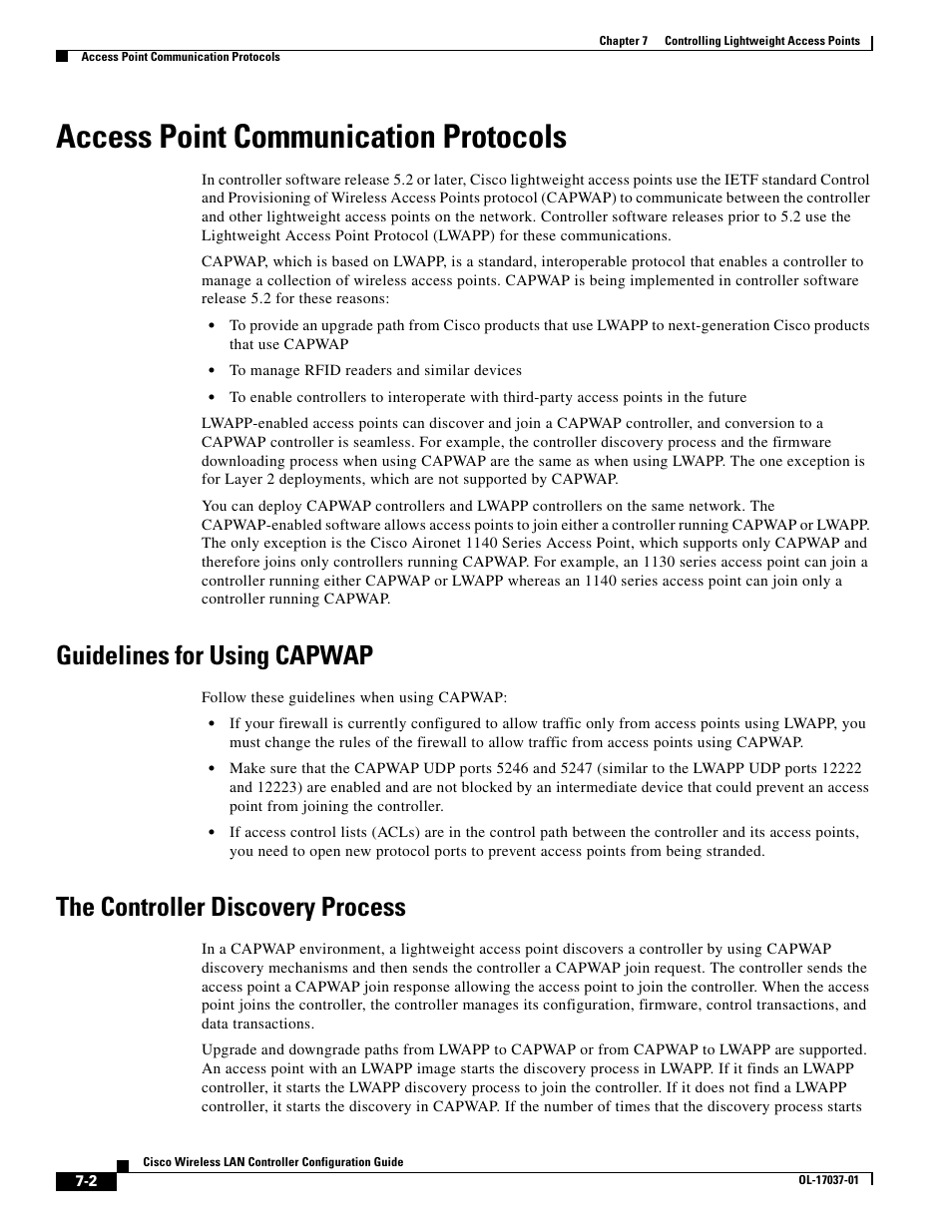 Access point communication protocols, Guidelines for using capwap, The controller discovery process | Cisco WIRELESS LAN CONTROLLER OL-17037-01 User Manual | Page 2 / 80