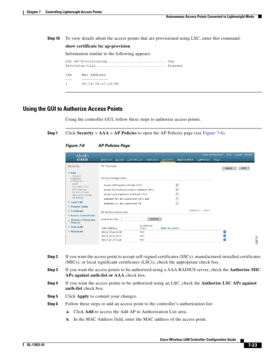 Using the gui to authorize access points | Cisco WIRELESS LAN CONTROLLER OL-17037-01 User Manual | Page 23 / 80