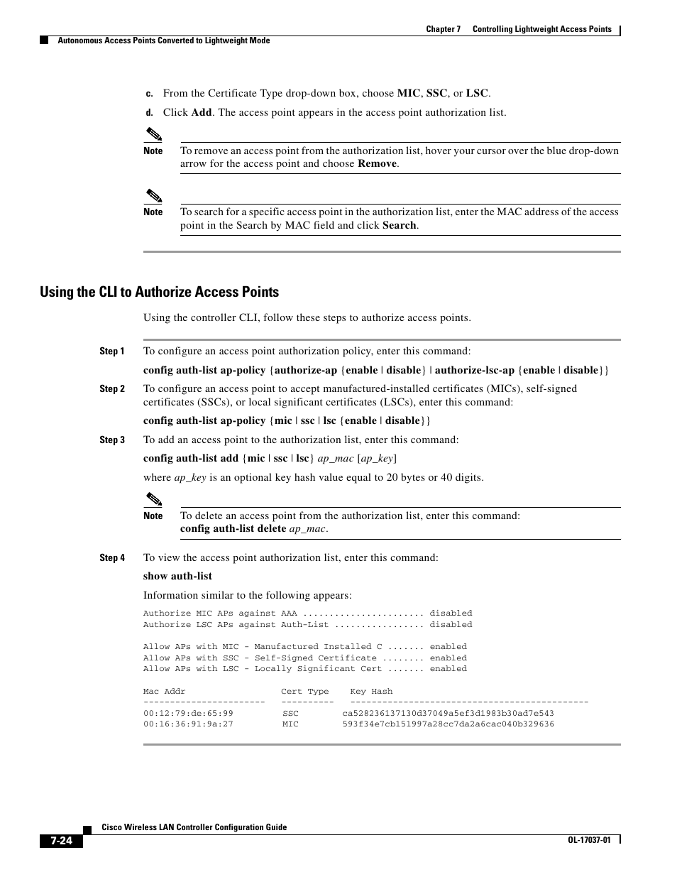Using the cli to authorize access points | Cisco WIRELESS LAN CONTROLLER OL-17037-01 User Manual | Page 24 / 80