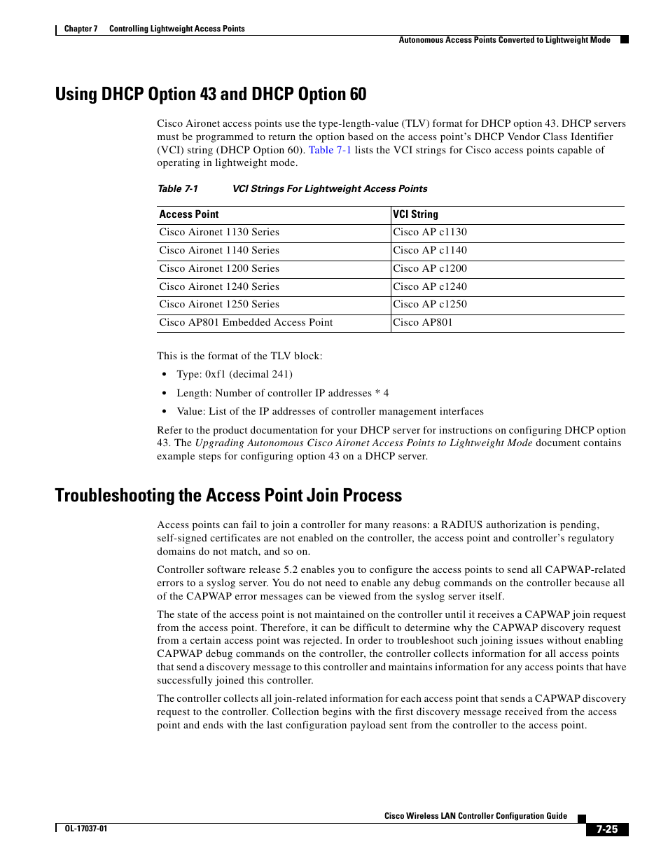 Using dhcp option 43 and dhcp option 60, Troubleshooting the access point join process, Using dhcp option 43 and | Cisco WIRELESS LAN CONTROLLER OL-17037-01 User Manual | Page 25 / 80
