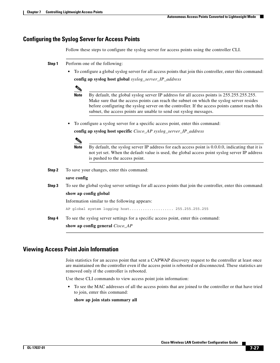 Configuring the syslog server for access points, Viewing access point join information | Cisco WIRELESS LAN CONTROLLER OL-17037-01 User Manual | Page 27 / 80