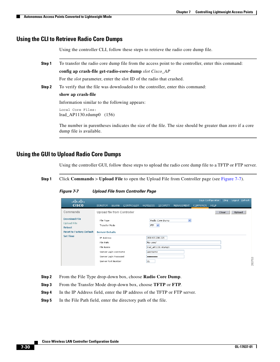 Using the cli to retrieve radio core dumps, Using the gui to upload radio core dumps | Cisco WIRELESS LAN CONTROLLER OL-17037-01 User Manual | Page 30 / 80