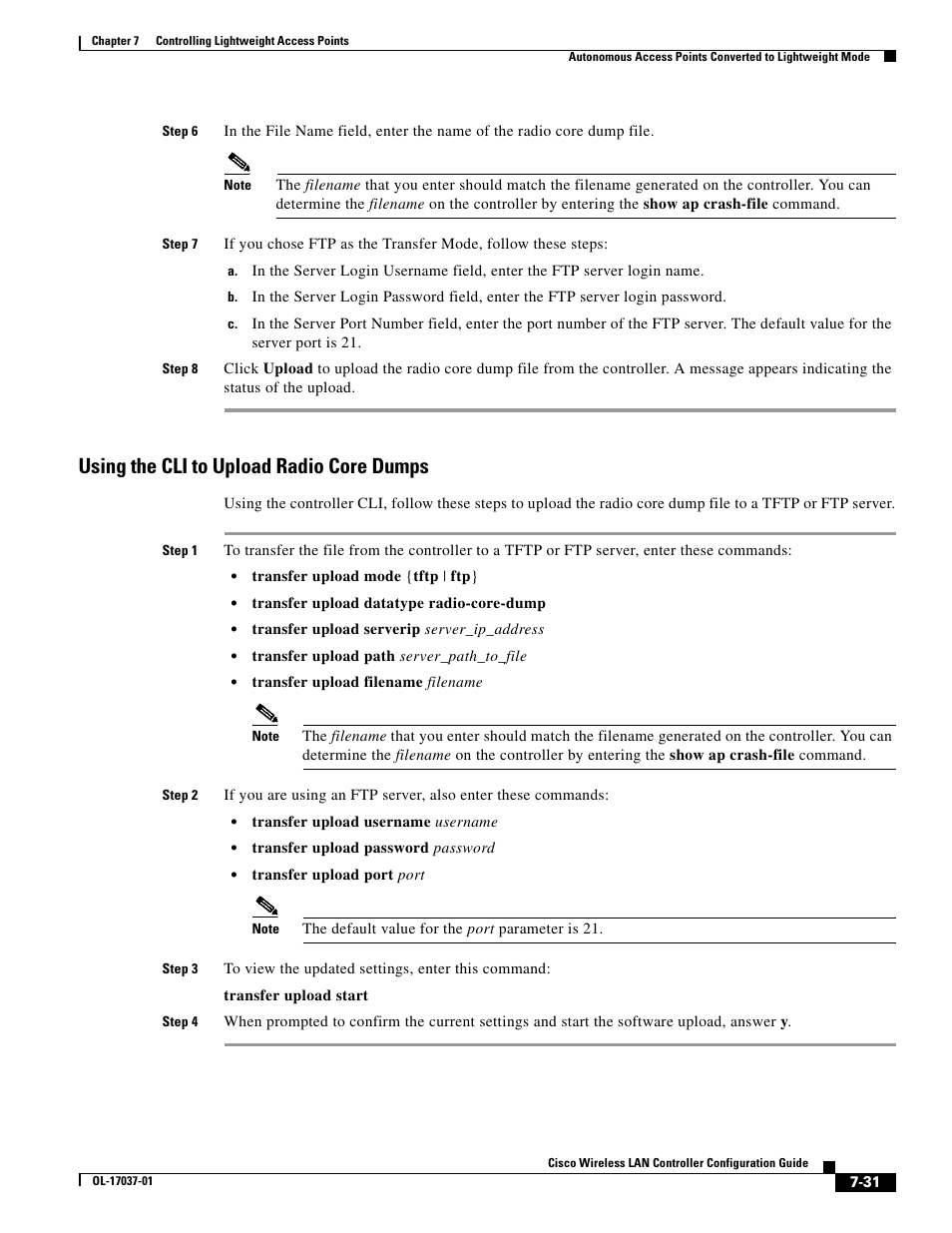 Using the cli to upload radio core dumps | Cisco WIRELESS LAN CONTROLLER OL-17037-01 User Manual | Page 31 / 80