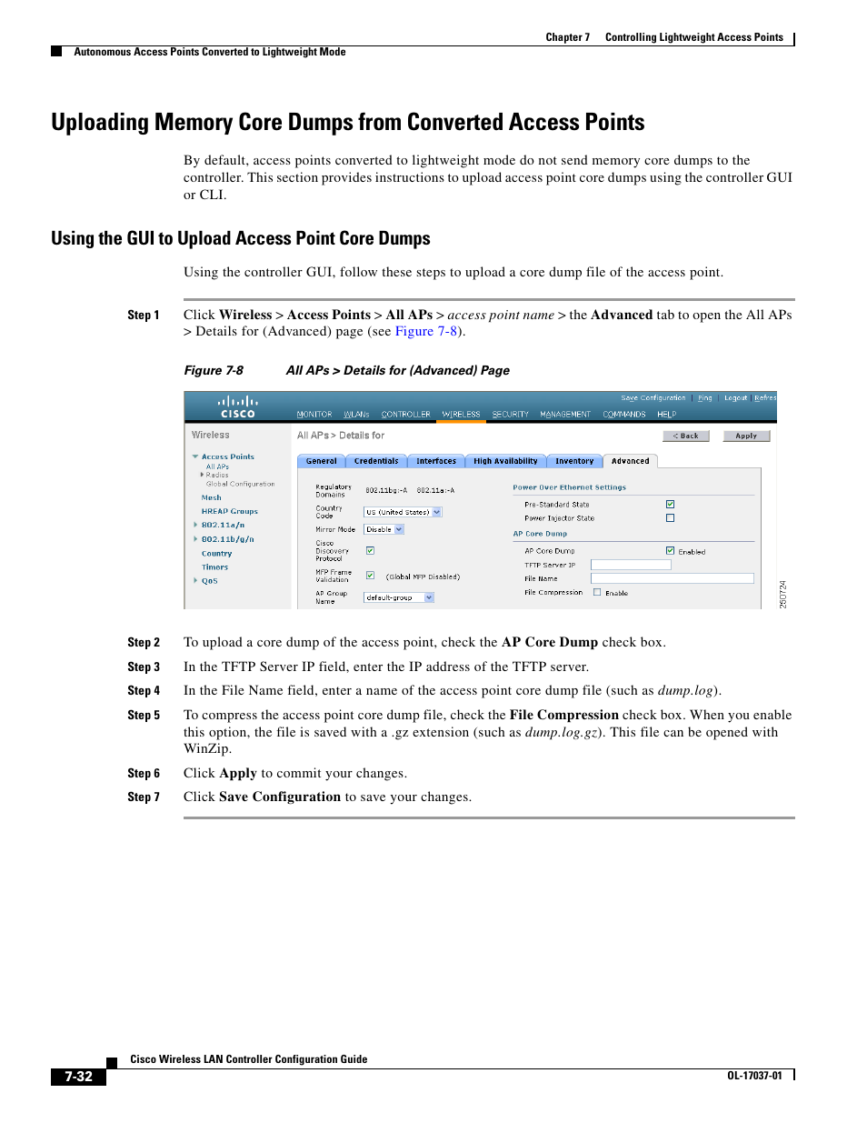 Using the gui to upload access point core dumps | Cisco WIRELESS LAN CONTROLLER OL-17037-01 User Manual | Page 32 / 80