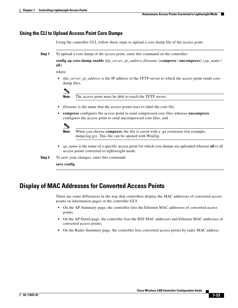 Using the cli to upload access point core dumps | Cisco WIRELESS LAN CONTROLLER OL-17037-01 User Manual | Page 33 / 80