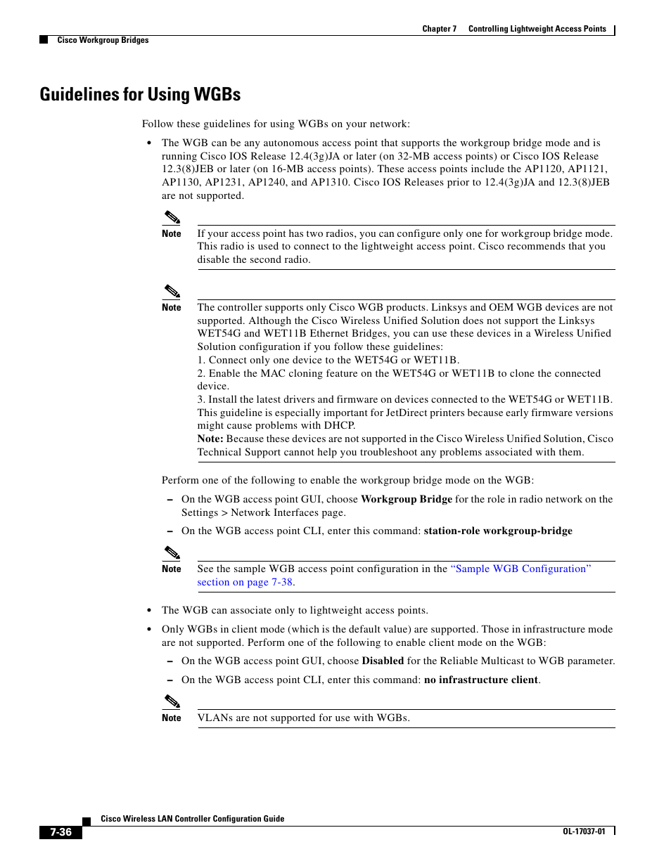 Guidelines for using wgbs | Cisco WIRELESS LAN CONTROLLER OL-17037-01 User Manual | Page 36 / 80