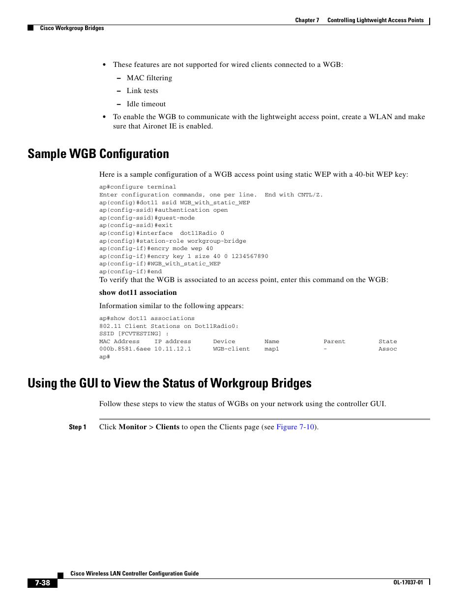 Sample wgb configuration | Cisco WIRELESS LAN CONTROLLER OL-17037-01 User Manual | Page 38 / 80